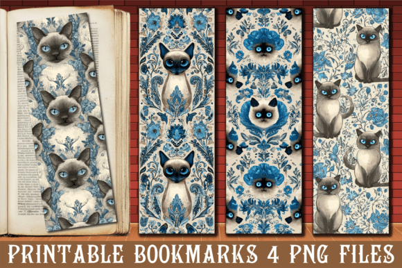 Blue Damask Siamese Cat Pattern Bookmark: Graphics for Crafts