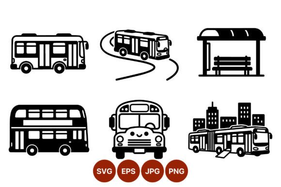 Bus Vector Icons Black White Set for Graphics and Crafts