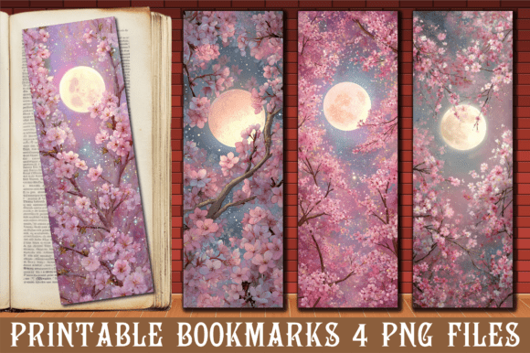 Cherry Blossom Moon Floral Bookmark for Crafts and Graphics
