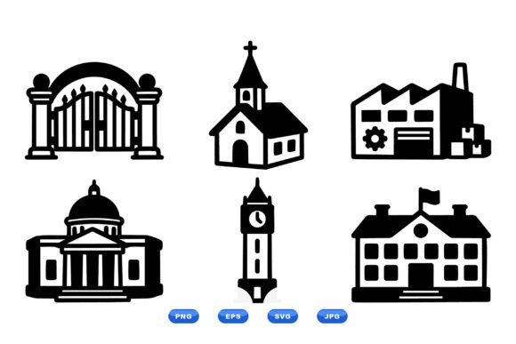 Flat Vector Town Building Icons for Crafts and Graphics