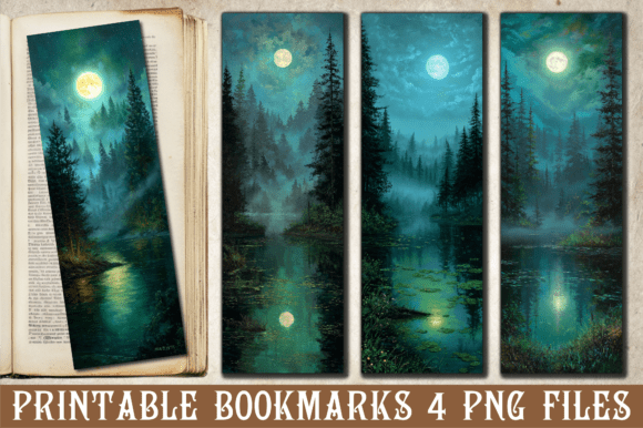Misty Night Forest Full Moon Bookmark: A Graphic Design Asset for Crafts and Branding