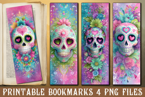 Pastel Floral Sugar Skull PNG Bookmark for Crafts and Graphics