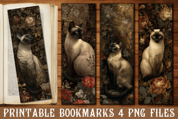 Vintage Siamese Cat Rose Floral Bookmark Graphics