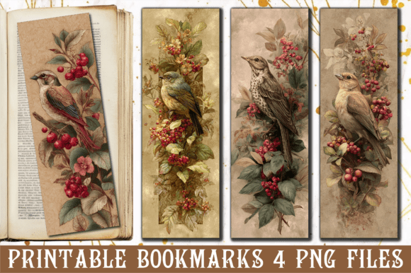 Vintage Sparrow Berry Art PNG Bookmark for Crafts and Graphics